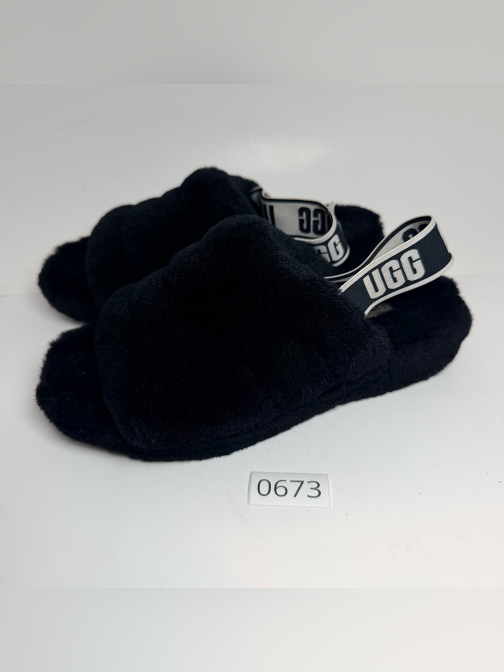UGG Black Fuzz Sandal with Branded Heel Strap